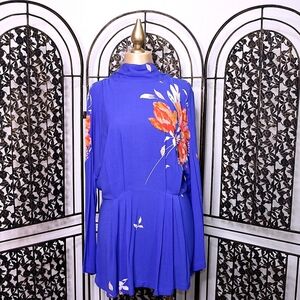 Free People Gemma Floral Tie Neck Open Back Tunic, Long Sleeve Dress, Small Blue